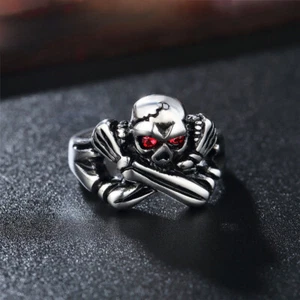 Red CZ Eye Hugging Skull Ring Men's Stainless Steel Gothic Skull Ring Biker Punk - Picture 1 of 4