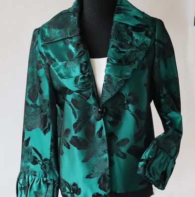 De Colección Lujo Frascara Ropa de Noche Chaqueta Plisada Cuello Verde, Negro Floral Talla 10 Foto 1 de 4