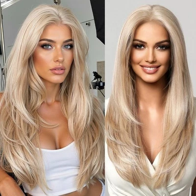 Long Platinum Blonde Wig HD Front Lace Human Hair Blend Highlights Straight - Image 1 of 4