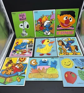 Lot of 9 Vintage Playskool Sesame Street Peanuts Wooden Puzzles Complete! - Picture 1 of 10