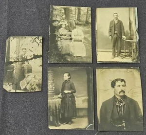 ANTIQUE - LADIES & MEN POSING - QUEBEC, CANADA - TINTYPE PHOTOS (5) - ORIGINAL - Picture 1 of 11