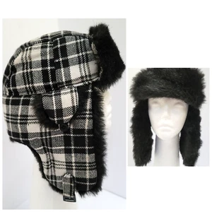 BETMARY NY Wool Blend Fur Trimmed Black & Ivory Tartan Plaid Aviator Trapper Hat - Picture 1 of 9
