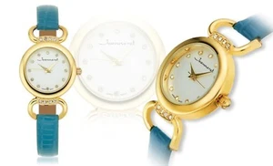 NEW Jeanneret 10041 Womens Florence Quartz Aqua Leather Gold Tone Accented Watch - Picture 1 of 1