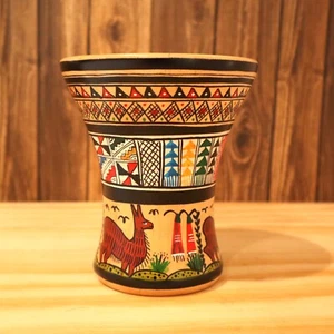 Wood Kero Vase Inca Design Hand Painted Peruvian Folk Art 5" Tall - Picture 1 of 8