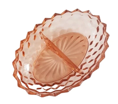 Jeannette Glass CUBE Cubist Pink Depression Glass 2 Part Divided Serving Dish - Image 1 of 4