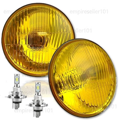5-3/4" Halogen Stock Amber Yellow Glass Headlight Fog Light H4 60W Bulbs Pair - Image 1 of 4