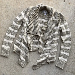 Crochet Sweater Cardigan Women's Beige Knit Snap Front Cowl Neck Sz L Element - Picture 1 of 6