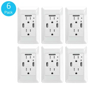 6PK 2 Porte USB 4.2A Presa Ricarica Rapida Intelligente Presa a Parete con Luce Notturna LED - Foto 1 di 10