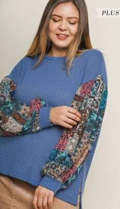 Nuevo Top tejido gofre elástico manga larga jardín floral azul cielo UMGEE XL - Imagen 1 de 4