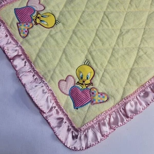 VTG 1997 Loony Tunes Tweety Bird Yellow Pink Quilted Baby Blanket Lovey  18”X12" - Picture 1 of 9