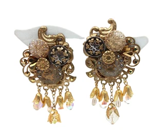 Antique PEGGY WHITEFIELD Crystal Button Beaded Clip On Earrings 2 3/4" L  - Picture 1 of 7