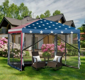 American Flag Themed Outdoor 10’ x 10’ Pop-up Canopy Tent Gazebo Canopy Bug Net - Picture 1 of 9