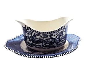 Currier Ives Gravy Boat Underplate Royal Pottery blue USA transferware ironstone - Picture 1 of 7