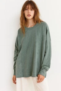 Jane + Delancey 1X Waffelstrick Langarm Sweatshirt Grün Washed Oversized Top - Bild 1 von 13