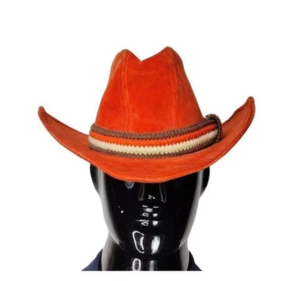 Sombrero de Vaquero Mediano Vintage Años 70 Terciopelo Occidental Tono Óxido Lana Trenzado Banda a Rayas Foto 1 de 4