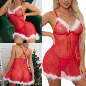 Polka Dot Sheer Lace Nightdress for Christmas Mrs.Claus Sexy Lingerie Santa Xmas - Picture 1 of 12