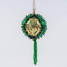 Distasio Green Satin Blue Bead Sequin Christmas Ornament Vintage Handmade
