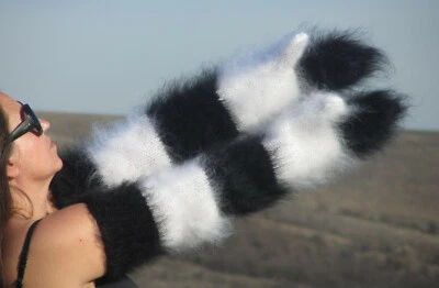 FUZZY Mohair Blanco y Negro CEBRA Guantes Largos Gruesos Cálidos Hechos a Mano Suave Esquí № 2055 Foto 1 de 4
