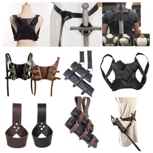 Retro Double Sword Waist Back Sheath Belt Holder Halloween Costume PU Leather - Picture 1 of 38