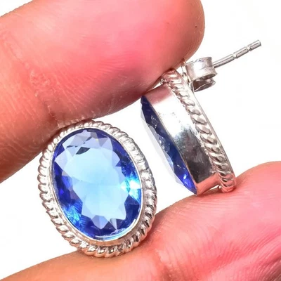 Blue Topaz Gemstone 925 Sterling Silver Women Simple Stud Earrings - Image 1 of 4