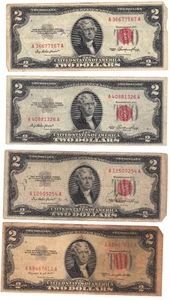 US Four $2 Two Dollar RED SEAL Federal Reserve Notes Series of 1953 & 1953 B - Picture 1 of 14