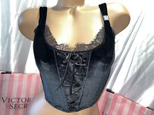 Victorias Secret Corset Bra Top XL Black Crushed Velvet