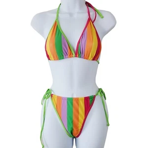807 Lingerie String Bikini 2 Piece Set Bright Bold Stripes Skimpy Sz Large NWT - Picture 1 of 6