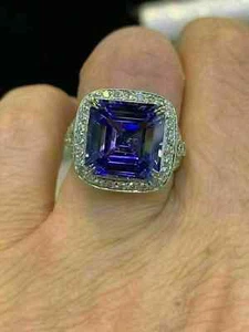 4Ct Asscher Lab Created Blue Sapphire Halo Engagement Ring 14K White Gold Plated - Picture 1 of 4