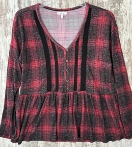 MAURICES Women's Size L Red Plaid Stretch Knit Peplum Top L/S NWT - Picture 1 of 7