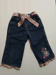 Embroidered Flower Denim Todddler Girls Capri's With Ribbon Waist Tie Size 5 - Picture 1 of 5