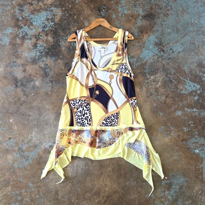 Top túnica Joseph Ribkoff estampado de cadena talla 14 medios mixtos encaje aleteo dobladillo amarillo Foto 1 de 4