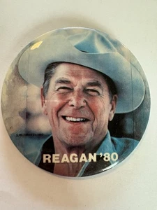 Reagan '80 Foto Button Pinback Vintage 3" Pin Cowboyhut Präsidentschaftskampagne Ron - Bild 1 von 3