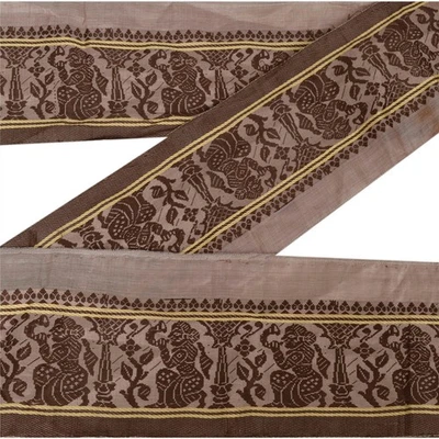 Sânscrito Vintage 1 Jarda Sari Borda Tecido Humano Acabamento Baluchari Costura Renda Marrom - Imagem 1 de 4