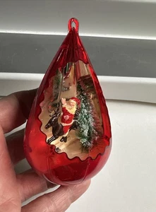 Vintage Jewel Brite Red Teardrop Diorama Christmas Ornament Santa Reindeer Tree - Picture 1 of 5