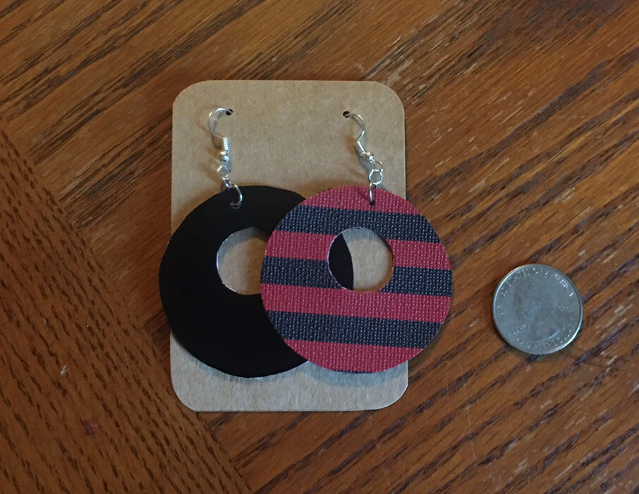 Black And Red Stripes Faux Leather/Vinyl Circle/Round Dangle Earrings Hand cut - Image 1 of 1