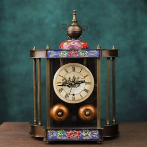10.6"China Cloisonné Bronze Colour Enamels Barque Column Mechanical Desk ClockG4