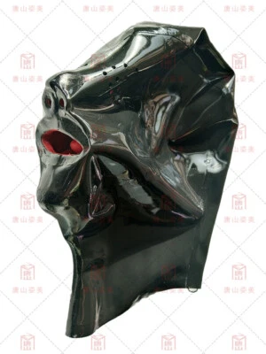 Latex mask with red teeth and nose tueb mesh eyes back zip 0.4mm custom made - Image 1 of 4