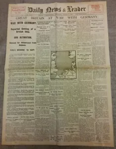 1914 Zeitung 1. Weltkrieg Antik II Großbritannien erklärt Deutschland den Krieg 1. Weltkrieg alt UK - Bild 1 von 13