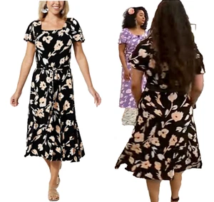 NEW Colleen Lopez PLUS SZ 2X  Flutter-Sleeve Midi Dress & Pockets BLACK & FLORAL - Picture 1 of 8
