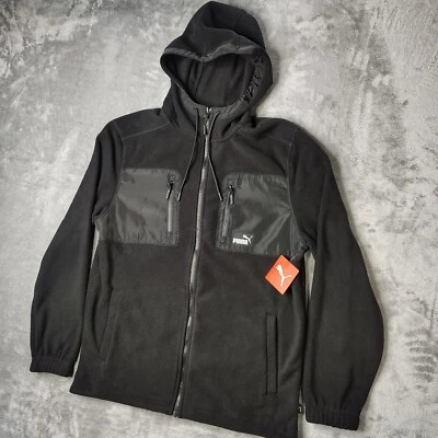 Puma Polar Hooded Fleece Full Zip Jacket Men Medium Puma Black Double Pocket NWT - Image 1 of 4