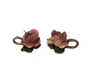 Capodimonte Porcelain Rose Candle Holder Pink Flowers Hand Made Italy Set Of 2 - Picture 1 of 20