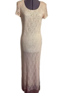 Vtg Crochet Lace Fringed Dress Sz 10 Runs Small Shimmer Metallic Champage Gown - Picture 1 of 13
