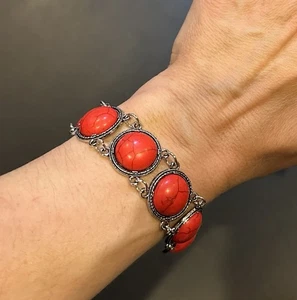 Boutique Silver Filigree Bracelet W Red Marble Stones Adjustable Chain - Picture 1 of 5