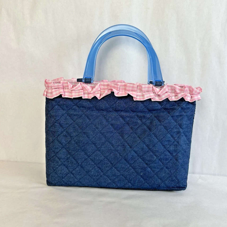 Винтажный OWI Дамская сумка сумочка женщин синий джинсовой ткани выстеганная сумка с короткими ручками розовый имбирь оборки Топ - Изображение 1 из 4