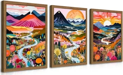 Arte de pared colorido boho con marco de madera, conjunto de 3 acuarelas abstractas Mountain Landsca Foto 1 de 4