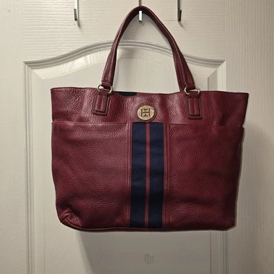 Tommy Hilfiger Bolso de Mano Borgoña Cuero Guijarro Cinta Rayas Cartera Foto 1 de 4