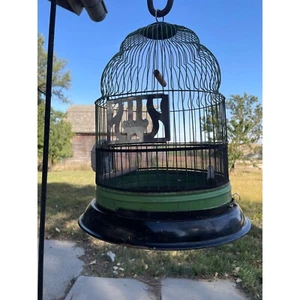 Antique 1920s Hendryx Dome Beehive Birdcage Green Black Feeder Perches - Bild 1 von 24