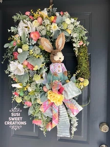 Easter Moss Wreath For Front Door, Bunny Rabbit Decor, Spring Bunny Wreath - Picture 1 of 13