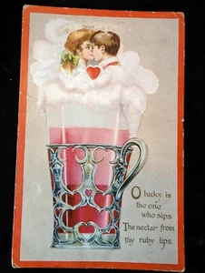 Tuck's Postcard "Love Tributes" Kiss Pink Drink See Details For Condition 1912 - Picture 1 of 5
