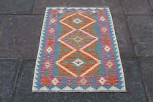 Kelim Vintage traditionell handgefertigt orientalisch blau Wolle kleiner Kelim 104x65cm - Bild 1 von 12